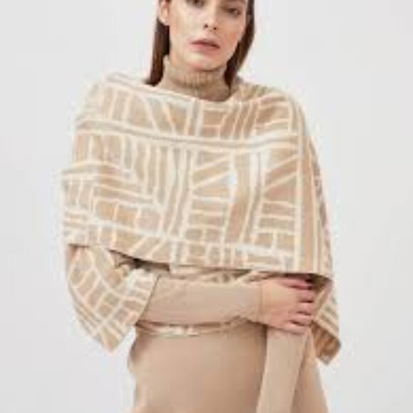 Mila.Vert Long Scarf Wrap Cotton beige Tan White Geometric Print Double Sided - Picture 2 of 9